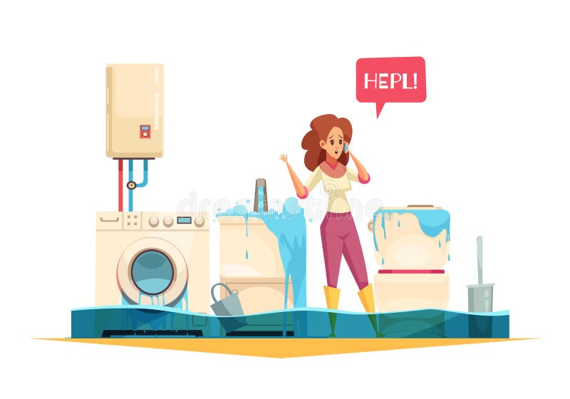 Washing machine flooding sink overflow pipe leaks emergency cartoon composition with woman calling plumber service vector illustration. Washing machine flooding sink overflow pipe leaks emergency cartoon composition with woman calling plumber service vector illustration